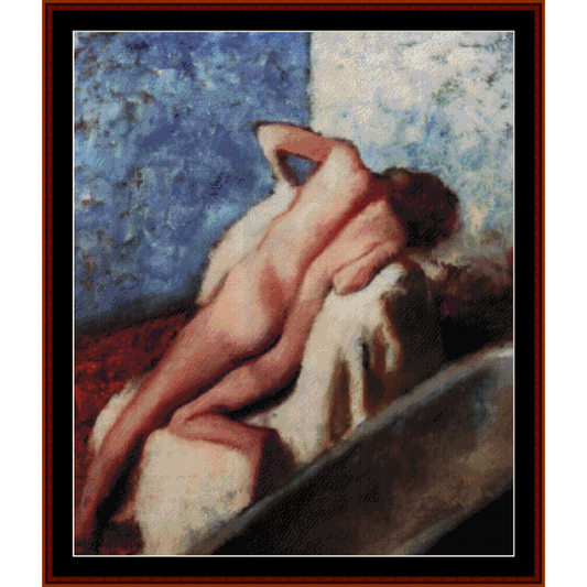 Counted Cross Stitch Pattern by Cross Stitch Collectibles  depicting a nude figure lying on a surface, with a stylized and simplified artistic style.