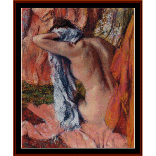 Counted Cross Stitch Pattern by Cross Stitch Collectibles inspired by the renowned Impressionist painter Edgar Degas. The pattern depicts a delicate and intimate scene of a nude woman drying off after a bath, capturing the subject in a moment of private vulnerability.