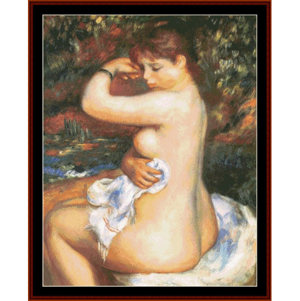 Counted Cross Stitch Pattern by Cross Stitch Collectibles of a nude figure with a towel draped over one shoulder, set against a natural background.