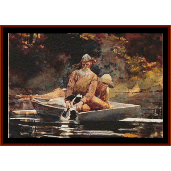 Counted Cross Stitch Pattern by Cross Stitch Collectibles of a man and child with a dog in a boat on water