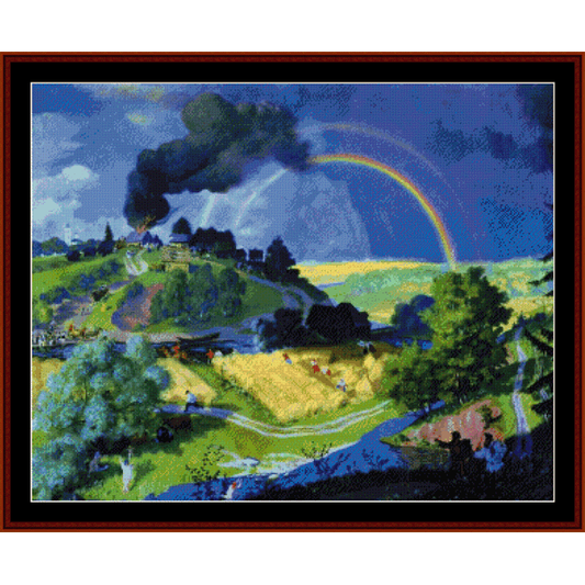 Counted Cross Stitch Pattern by Cross Stitch Collectibles  of a landscape with a rainbow and a village under a stormy sky, Boris Kustodiev style.