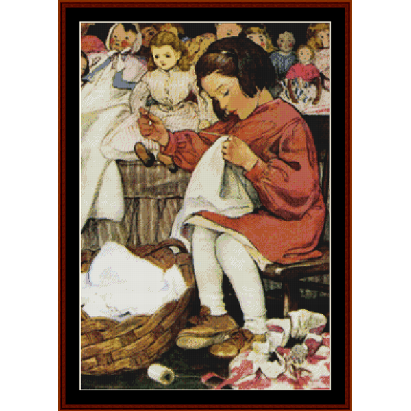 Counted Cross Stitch Pattern by Cross Stitch Collectibles depicting a child in a red dress sitting at a table, engaged in sewing or crafting, with various colorful fabrics and sewing tools around her.