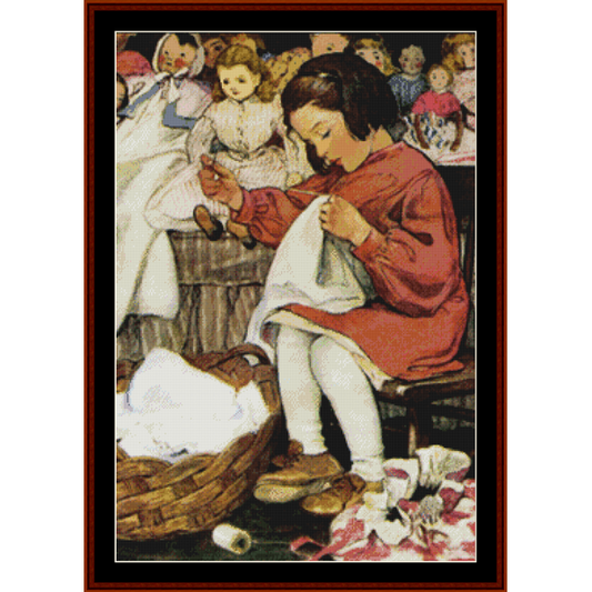 Counted Cross Stitch Pattern by Cross Stitch Collectibles depicting a child in a red dress sitting at a table, engaged in sewing or crafting, with various colorful fabrics and sewing tools around her.