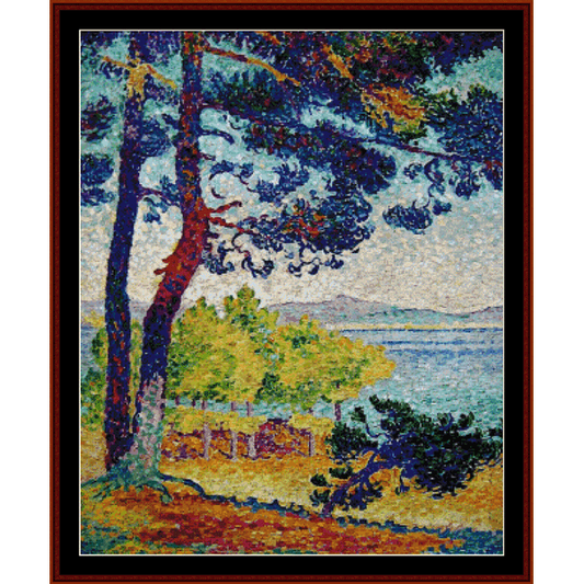 Counted Cross Stitch Pattern by Cross Stitch Collectibles  depicting a vibrant landscape with trees and a body of water in the background.