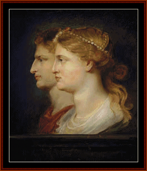 Counted Cross Stitch Pattern by Cross Stitch Collectibles  depicting the portraits of two individuals, with one slightly profiled towards the viewer, set against a dark background with a decorative border.