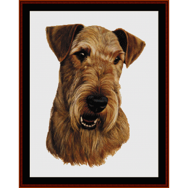 Counted Cross Stitch Pattern by Cross Stitch Collectibles  depicting the head of a brown dog with a black nose, detailed eyes, and a happy expression, framed in a black border.