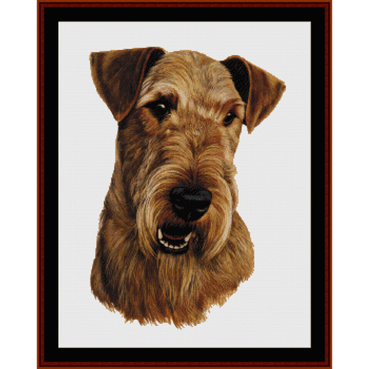 Counted Cross Stitch Pattern by Cross Stitch Collectibles  depicting the head of a brown dog with a black nose, detailed eyes, and a happy expression, framed in a black border.