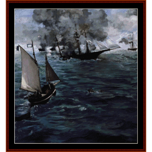 Counted Cross Stitch Pattern by Cross Stitch Collectibles  depicting two sailing ships on the ocean, representing the Civil War era.