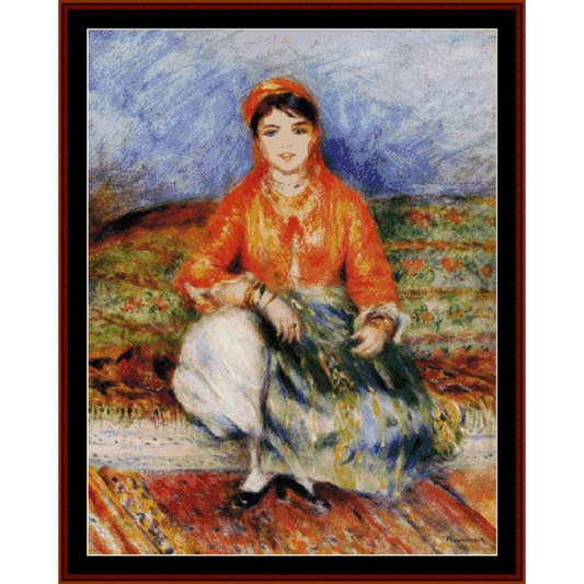 Counted Cross Stitch Pattern by Cross Stitch Collectibles of a woman in an orange top and blue skirt sitting outdoors.