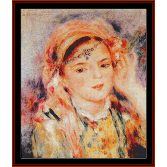 Counted Cross Stitch Pattern by Cross Stitch Collectibles depicting a woman with a colorful headscarf and traditional attire, reminiscent of a Impressionist painting.