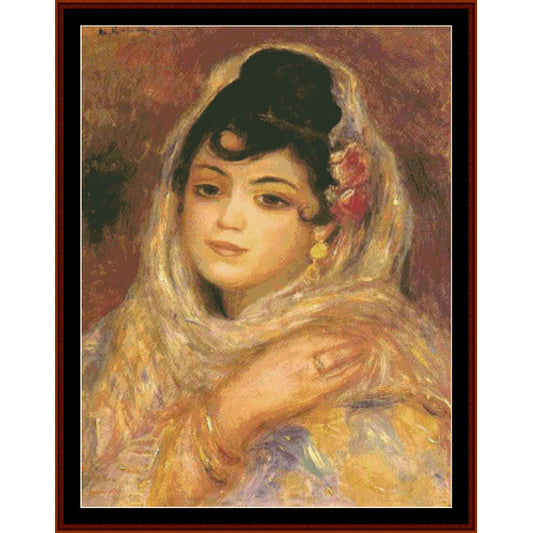 Counted Cross Stitch Pattern by Cross Stitch Collectibles of a woman with a headscarf and floral accessory on a textured background