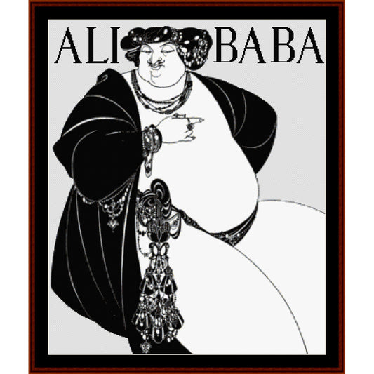 A black and white Counted Cross Stitch Pattern by Cross Stitch Collectibles of Ali Baba character, with ornate clothing and accessories, reminiscent of the 1897 artwork by Aubrey Beardsley.