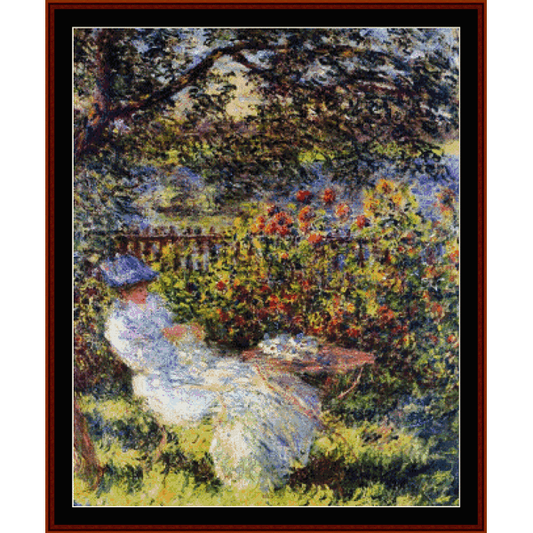 Counted Cross Stitch Pattern by Cross Stitch Collectibles depicting a scene with a person seated in a garden setting, with a colorful floral backdrop.