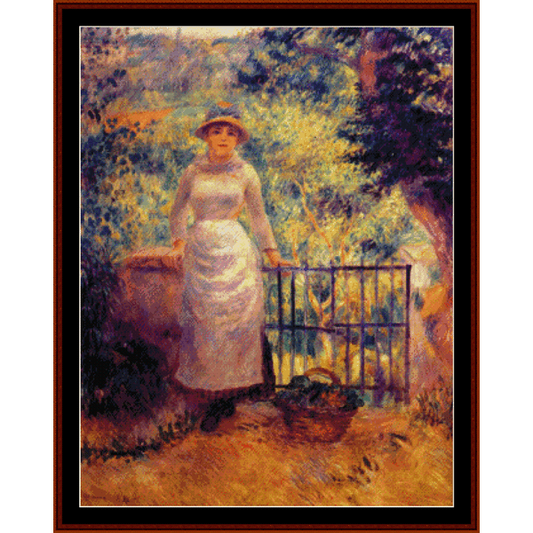 Counted Cross Stitch Pattern by Cross Stitch Collectibles  depicting a woman standing at a gate, with a style inspired by Pierre Auguste Renoir's artwork.