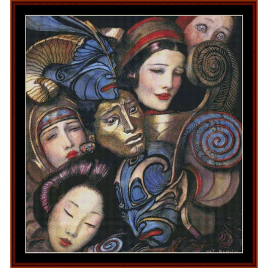 Counted Cross Stitch Pattern by Cross Stitch Collectibles of stylized faces and masks with vibrant colors and patterns.