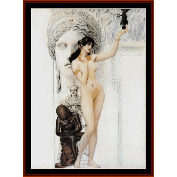 This image displays a PDF cross stitch pattern titled "Allegory of Sculpture" by Gustav Klimt. The design features a classically styled illustration, influenced by Renaissance and Impressionist art, depicting a nude female figure beside a sculptural group, with an emphasis on detailed, realistic forms.