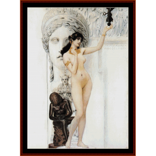 This image displays a PDF cross stitch pattern titled "Allegory of Sculpture" by Gustav Klimt. The design features a classically styled illustration, influenced by Renaissance and Impressionist art, depicting a nude female figure beside a sculptural group, with an emphasis on detailed, realistic forms.