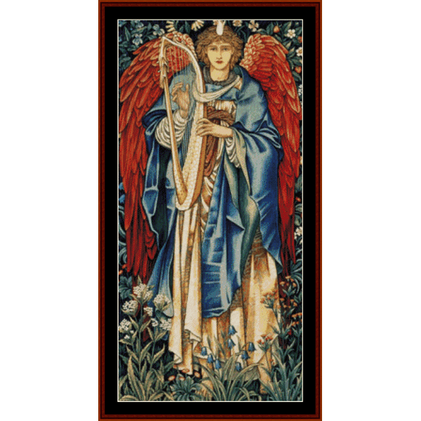 Counted Cross Stitch Pattern by Cross Stitch Collectibles  depicting a colorful angel with wings extended, standing on a floral pedestal, holding a scroll.