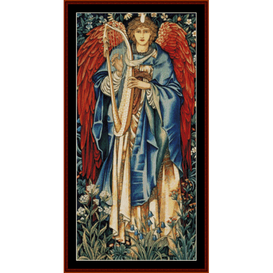 Counted Cross Stitch Pattern by Cross Stitch Collectibles  depicting a colorful angel with wings extended, standing on a floral pedestal, holding a scroll.