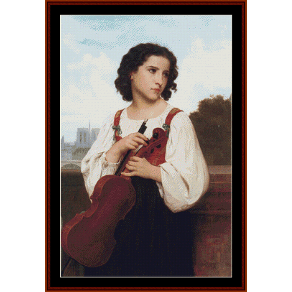 Counted Cross Stitch Pattern by Cross Stitch Collectibles of a young girl holding a violin with a scenic background.