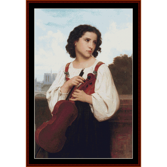 Counted Cross Stitch Pattern by Cross Stitch Collectibles of a young girl holding a violin with a scenic background.