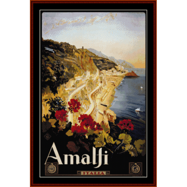 A vintage poster Counted Cross Stitch Pattern by Cross Stitch Collectibles  depicting the Amalfi Coast with a scenic view of the coastline, flowers, and the ocean.