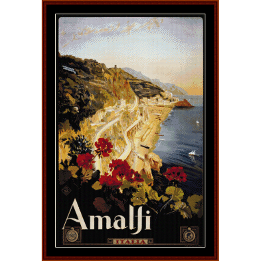 A vintage poster Counted Cross Stitch Pattern by Cross Stitch Collectibles  depicting the Amalfi Coast with a scenic view of the coastline, flowers, and the ocean.