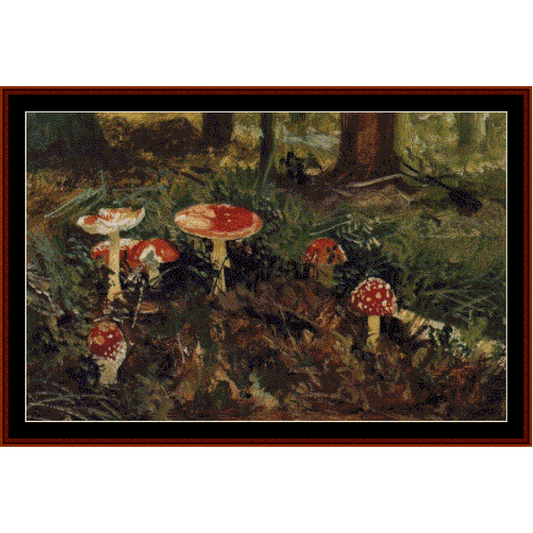 Counted Cross Stitch Pattern by Cross Stitch Collectibles  depicting forest mushrooms with red caps and white stems against a green leafy background.
