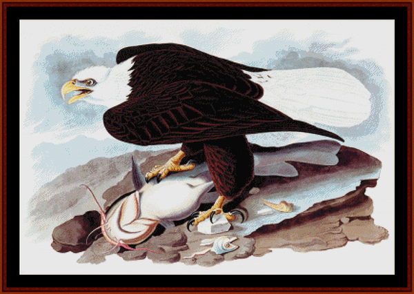 Counted Cross Stitch Pattern by Cross Stitch Collectibles  featuring an illustration of a bald eagle with a fish in its talons, set against a natural background.