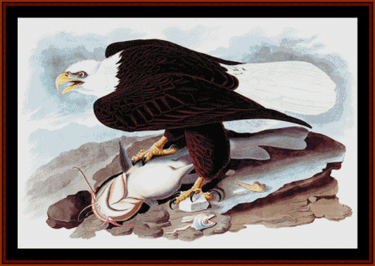Counted Cross Stitch Pattern by Cross Stitch Collectibles  featuring an illustration of a bald eagle with a fish in its talons, set against a natural background.