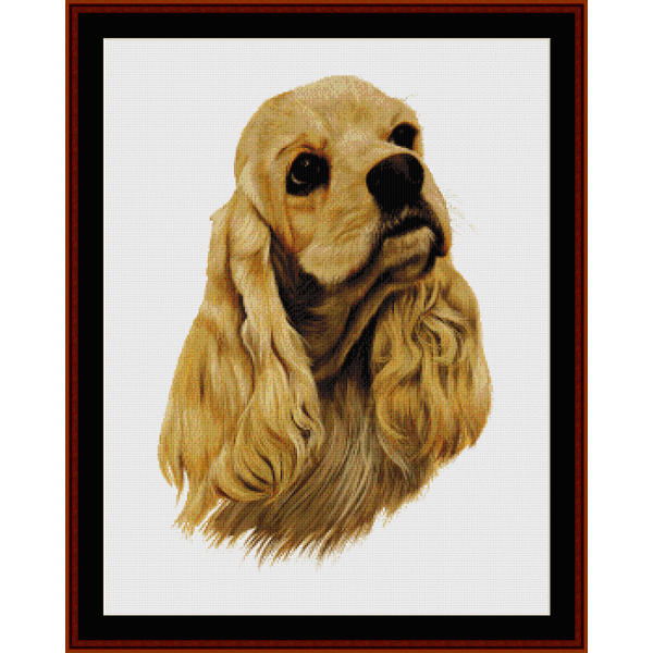 Counted Cross Stitch Pattern by Cross Stitch Collectibles  depicting the head of an American Cocker Spaniel in a framed image.