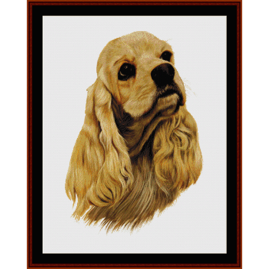Counted Cross Stitch Pattern by Cross Stitch Collectibles  depicting the head of an American Cocker Spaniel in a framed image.