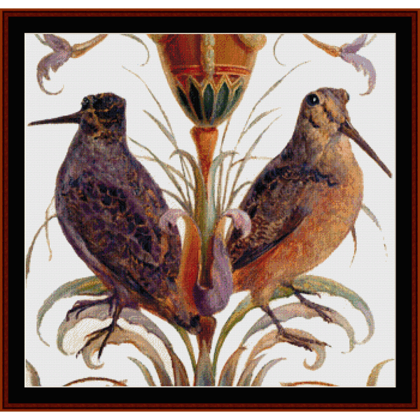 Counted Cross Stitch Pattern by Cross Stitch Collectibles  depicting two brown birds perched on a floral design with a teardrop-shaped seed head in the center.