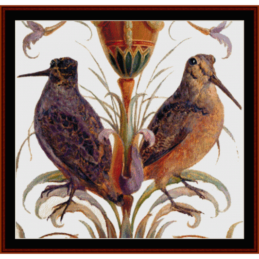 Counted Cross Stitch Pattern by Cross Stitch Collectibles  depicting two brown birds perched on a floral design with a teardrop-shaped seed head in the center.