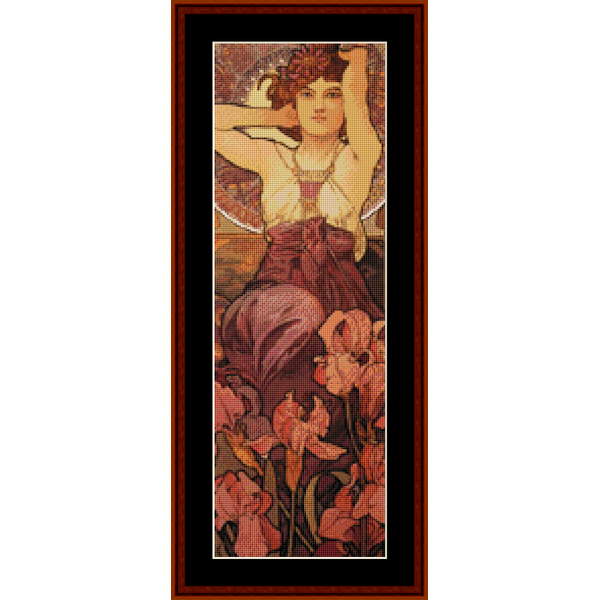 Counted Cross Stitch Pattern by Cross Stitch Collectibles depicting a woman with a floral backdrop, inspired by the art of Alphonse Mucha.