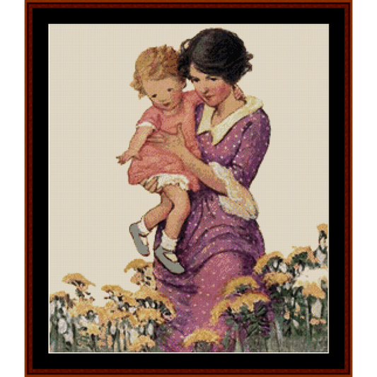 Counted Cross Stitch Pattern by Cross Stitch Collectibles of a woman holding a child in a field of flowers