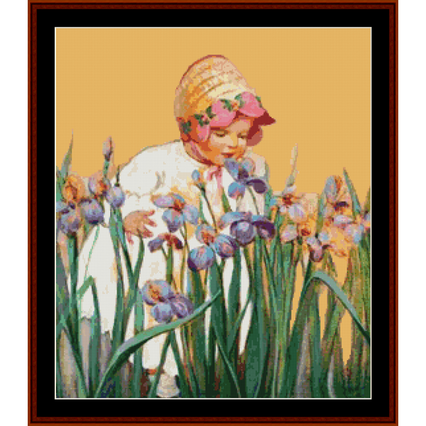Counted Cross Stitch Pattern by Cross Stitch Collectibles  depicting a child among irises flowers, with a yellow background, part of the 'Among the Irises – Jesse Willcox Smith pdf cross stitch pattern'.