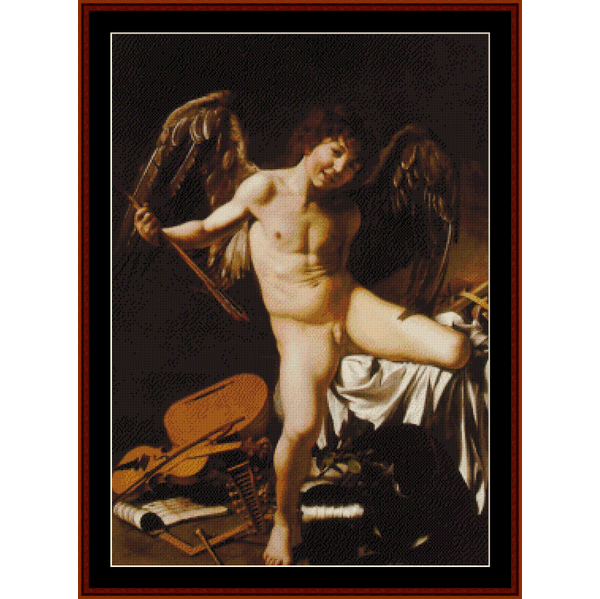 Counted Cross Stitch Pattern by Cross Stitch Collectibles  depicting a classical painting with a nude figure, likely a representation of Cupid, with a bow and wings, set against a dark background with a draped cloth and musical instruments.