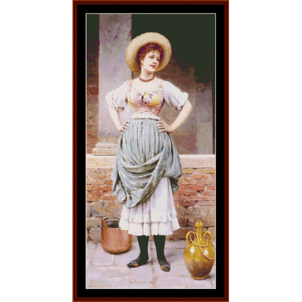 Counted Cross Stitch Pattern by Cross Stitch Collectibles of a woman in a rustic setting with a brick wall and decorative elements.