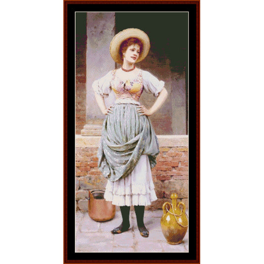 Counted Cross Stitch Pattern by Cross Stitch Collectibles of a woman in a rustic setting with a brick wall and decorative elements.