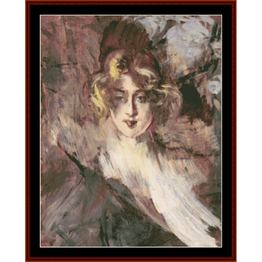 Counted Cross Stitch Pattern by Cross Stitch Collectibles of a woman with a feathered hat and veil against a textured background