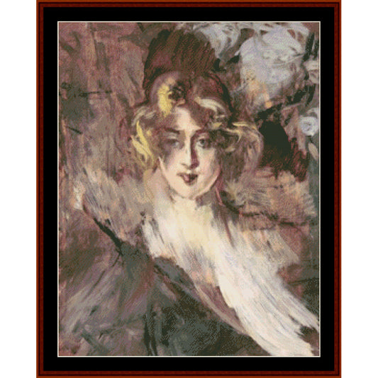 Counted Cross Stitch Pattern by Cross Stitch Collectibles of a woman with a feathered hat and veil against a textured background
