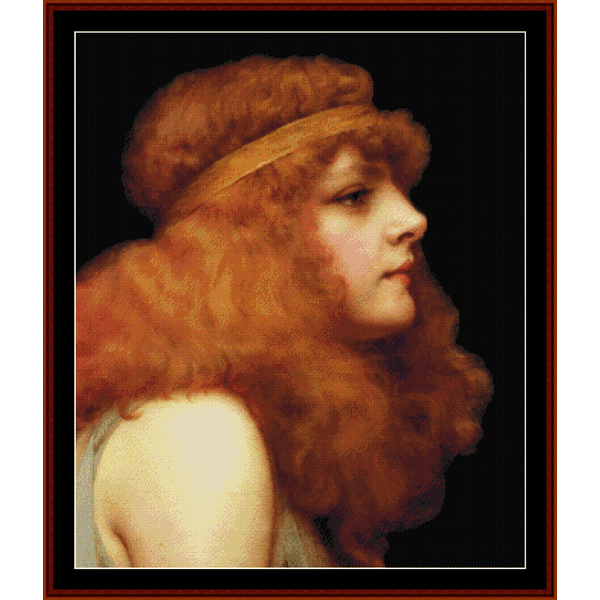 Counted Cross Stitch Pattern by Cross Stitch Collectibles of a woman with auburn hair and a golden wreath, based on the artwork 'An Auburn Beauty' by J.W.