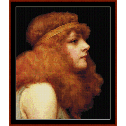 Counted Cross Stitch Pattern by Cross Stitch Collectibles of a woman with auburn hair and a golden wreath, based on the artwork 'An Auburn Beauty' by J.W.