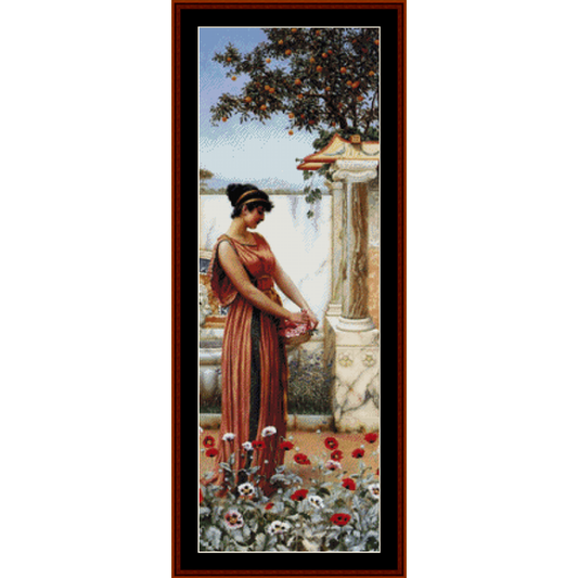 Counted Cross Stitch Pattern by Cross Stitch Collectibles depicting a woman in a red dress standing in a garden, with a full-color image showing a similar scene in the background.