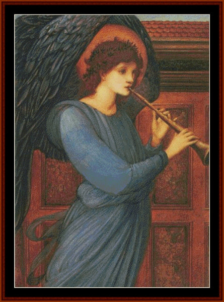 Counted Cross Stitch Pattern by Cross Stitch Collectibles depicting an Angel playing a flute against a red background