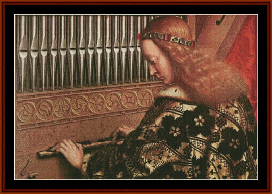 Woman playing a harpsichord with intricate details and a warm color palette - Counted Cross Stitch Pattern by Cross Stitch Collectibles