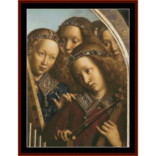 Counted Cross Stitch Pattern by Cross Stitch Collectibles of three angelic figures with musical instruments and ornate clothing.