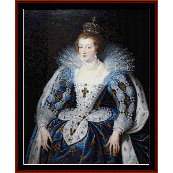 Counted Cross Stitch Pattern by Cross Stitch Collectibles depicting a portrait of Anna of Austria wearing a elaborate, ornate dress with floral and geometric patterns, in blue, white, and gold colors.