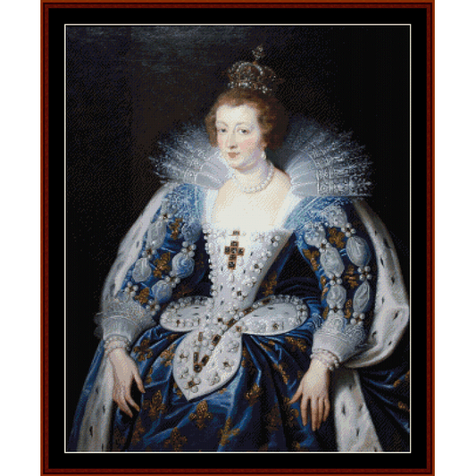 Counted Cross Stitch Pattern by Cross Stitch Collectibles depicting a portrait of Anna of Austria wearing a elaborate, ornate dress with floral and geometric patterns, in blue, white, and gold colors.